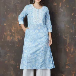 Melange By Lifestyle Blue Cotton Regular Fit Floral Print Kurtas image 1