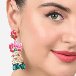 Zaveri Pearls Green Beads & Pink Meenakari Lotus Design Drop Earrings-ZPFK15389-image-6