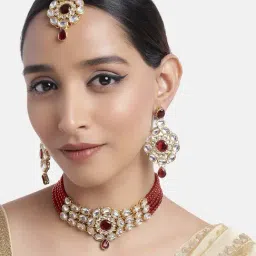 Peora Gold-Plated Kundan Maroon Pearl Choker Necklace Earrings Maang Tikka Jewellery Set-image-99