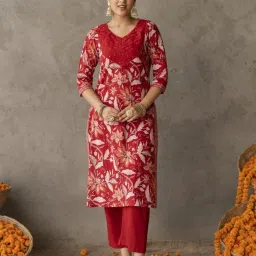 Akiso Reet Red Block Printed Pintuck Detail Straight Fit Kurta image 1