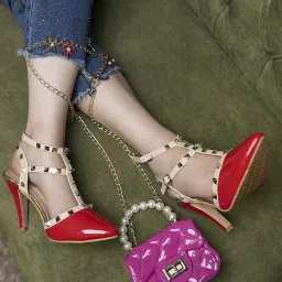 Shoetopia Women's Red Ankle Strap Stilettos image 1