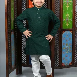 Ahhaaaa Kids Green Cotton Embellished Full Sleeves Kurta Set image 1