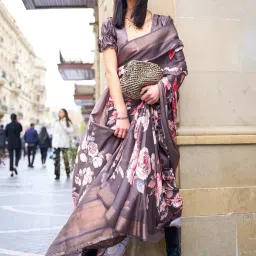 Saree Mall Brown Silk Floral Print Saree With Unstitched Blouse image 1