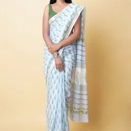 Unnati Silks White & Green Floral Print Saree With Unstitched Blouse image 1