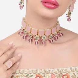 Zaveri Pearls Pink Green Stones Beads Kundan Choker Necklace Earring & Ring Set-ZPFK15446-image-87