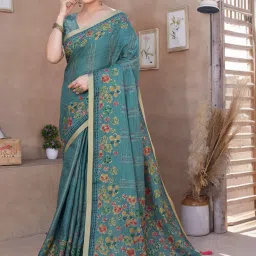 MIRCHI FASHION Blue Floral Print Saree With Unstitched Blouse image 1