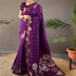 Satrani Purple Silk Floral Print Saree With Unstitched Blouse-picture-31