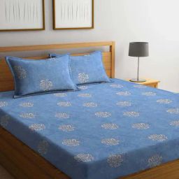 Klotthe Blue 400 TC Cotton Double Elastic Book Fold Bedsheet with 2 Pillow Covers-picture-14