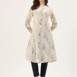 Amukti Beige Cotton Printed Three-Quarter Sleeves Kurta image 1