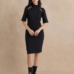 RAREISM Black Cotton Blend Solid Short Sleeves Dress-image-99