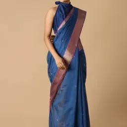 Taneira Blue Silk Woven Saree With Unstitched Blouse image 3