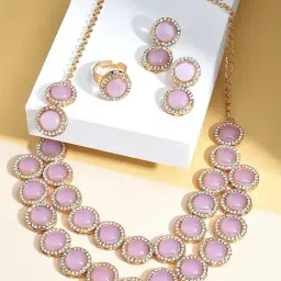 Zaveri Pearls Pink Stones Layer Necklace Earring Ring & Maangtikka Set-ZPFK15410-image-98