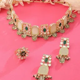 Zaveri Pearls Green Stones & Beads Kundan Choker Necklace Earring & Ring Set-ZPFK15448-picture-27
