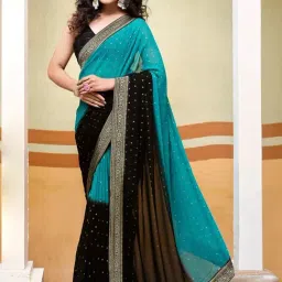 Satrani Teal Blue & Black Woven Saree With Unstitched Blouse-picture-34