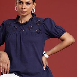 all about you Puff Sleeves Gathered or Pleated Schiffli Pure Cotton Top-picture-44