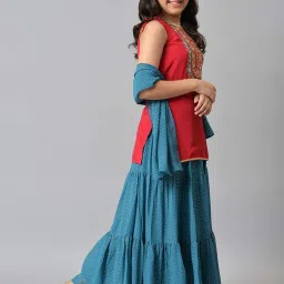 Aurelia Kids Red & Blue Embroidered Kurta, Skirt with Dupatta image 4