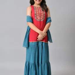 Aurelia Kids Red & Blue Embroidered Kurta, Skirt with Dupatta image 1