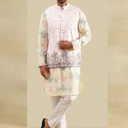 SOJANYA Geometric Embroidered Mandarin Collar Cotton Kurta With Pyjamas & Nehru Jacket-picture-4