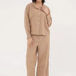 Slumber Jill Brown Cotton Comfort Fit Striped Night Suit-picture-40