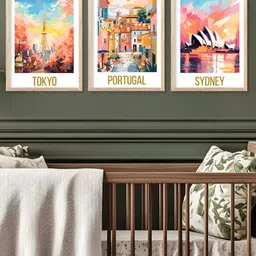 Kotart Brown & Blue 3 Pieces Wooden Travel Wall Arts image 3