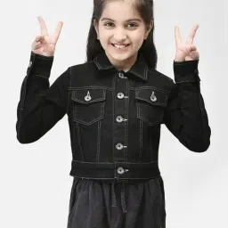 Crimsoune Club Kids Black Solid Full Sleeves Denim Jacket-image-10