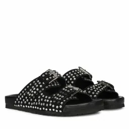 Saint G Women Silver Strass Black Leather Flat Sandals-image-87