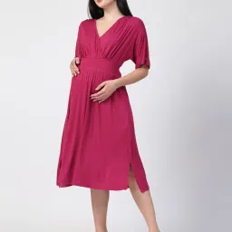 Zelena Cotton Maternity Zipless Feeding Dress - Deep Rose-image-60