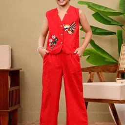 Flyfinns Girls Embroidered V-Neck Pure Cotton Coat with Trousers-picture-58