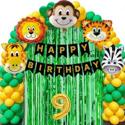 Bubble Trouble 9 Year Jungle Theme Birthday Decoration Kit Boys Combo Set Green Yellow Animal Face Foil Balloon Green Birthday Backdrop Foil Curtain Jungle Theme Banner- 68 Items-picture-18