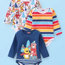 Babyhug 100% Cotton Knit Full Sleeves Onesies Bear & Reindeer Print Pack of 3 - Multicolour-picture-28