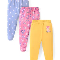 Babyhug Interlock Cotton Knit Bootie Leggings with Floral Print Pack of 3 - Pink,Blue & Yellow-image-64