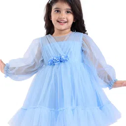 Babyhug Woven Full Peasant Sleeves Fit & Flared Party Frock with Overlap Design & Floral Applique - Light Blue-image-59
