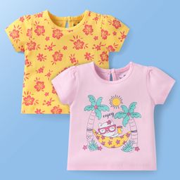Doodle Poodle Single Jersey Knit Half Sleeves Tops With Floral Print Pack Of 2 - Pink & Yellow-picture-22