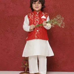 AJ Dezines Chanderi Full Sleeves Floral Foil Printed Kurta Pyjama With Jacket Set - Red-picture-19