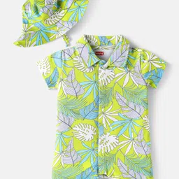 Babyhug 100% Cotton Knit Half Sleeves Romper With Leaf Print & Bucket Hat - Light Green-image-45
