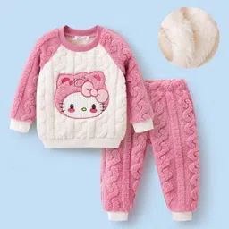 Mark & Mia Full Raglan Sleeves Winter Wear Night Suit with Cable Knit Quilting & Hello Kitty Design - Pink & White-picture-18