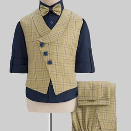Rikidoos Full Sleeves Checked 3 Piece Party Suit With Bow Set - Khaki & Navy Blue-picture-25