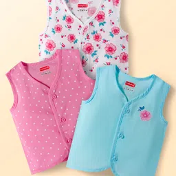 Babyhug 100% Cotton Cambric Woven Sleeveless Front Open Jhablas with Polka Dot & Floral Print Pack of 3 - White Pink & Light Blue-picture-21