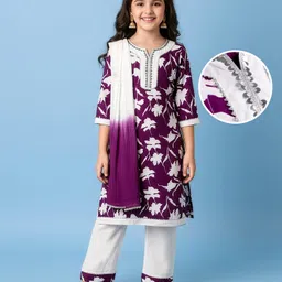 Pine Kids Cotton Woven Three Fourth Sleeves Floral Printed Kurta Chudidar Set with Dupatta - Purple-picture-28