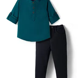 Babyhug Cotton Woven Full Sleeves Solid Color Mandarin Collar Shirt and Denim Jeans Set - Teal Blue & Black-picture-11