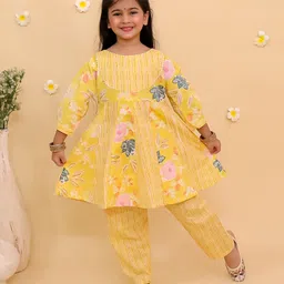 The Mom Store Cotton Knit Three Fourth Sleeves Floral Printed Anarkali Style Kurti & Pant Set - Multi Colour-picture-23