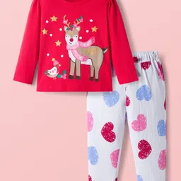Babyoye 100% Cotton Knit Full Sleeves Night Suit with Deer & Heart Print - White & Red-picture-24