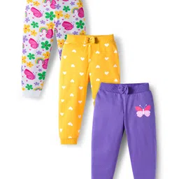 Babyhug Cotton Knit Full Length Lounge Pants With Heart Butterfly & Floral Print Pack of 3 - Purple Yellow & White-picture-28