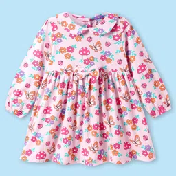 Babyhug Cotton Knit Full Peasant Sleeves Floral Printed Peter Pan Collared Frock with Bow Detailing - Pink & Blue image 2