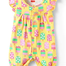 Babyhug Interlock Knit Frill Sleeves Romper With Floral & Tropical Print Pack of 2 - Pink & Yellow image 2
