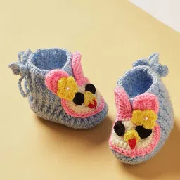 MayRa Knits Handknitted Pack Of 2 Bunny & Orange Applique Detailed Booties - Blue & Cream image 3