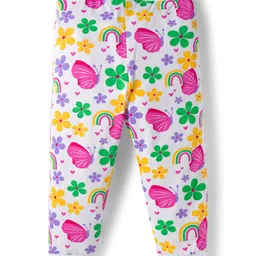 Babyhug Cotton Knit Full Length Lounge Pants With Heart Butterfly & Floral Print Pack of 3 - Purple Yellow & White image 3