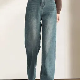 StyleCast Women Wide Leg High-Rise Mildly Distressed Light Fade Stretchable Jeans-image-86