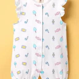ToffyHouse Knitted Frill Sleeves Front Open Rompers with Candy Print & Patch Detailing - Aqua Blue & White image 4