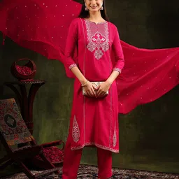 Berrylicious Women Floral Embroidered Regular Mirror Work Kurta with Trousers & With Dupatta image 1